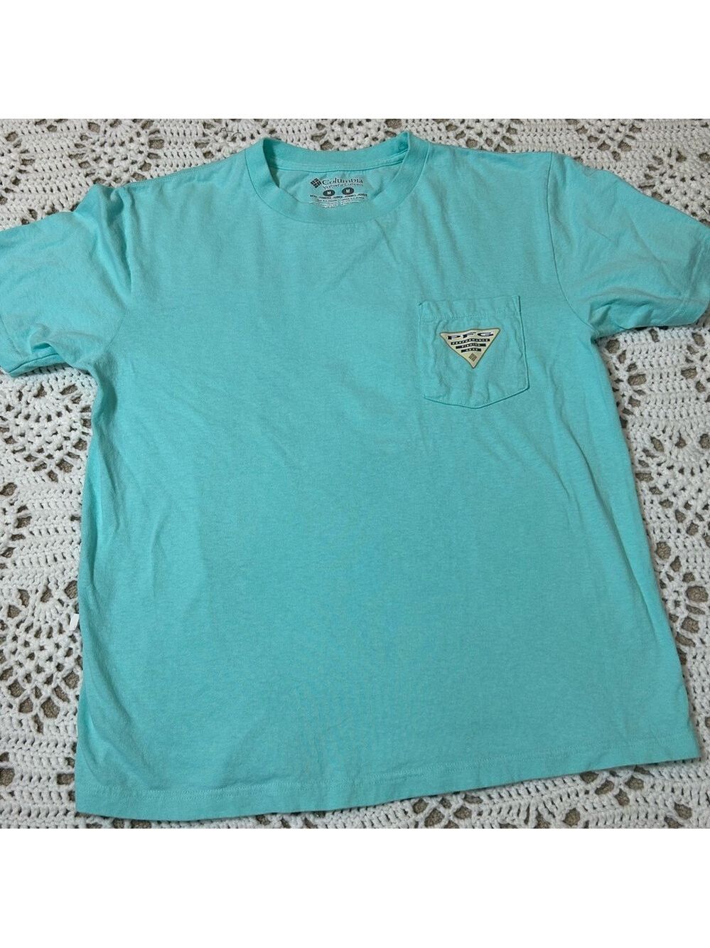 Columbia PFG Performance T-Shirt Aqua Blue Sailfish Graphic Pocket Cotton Size M